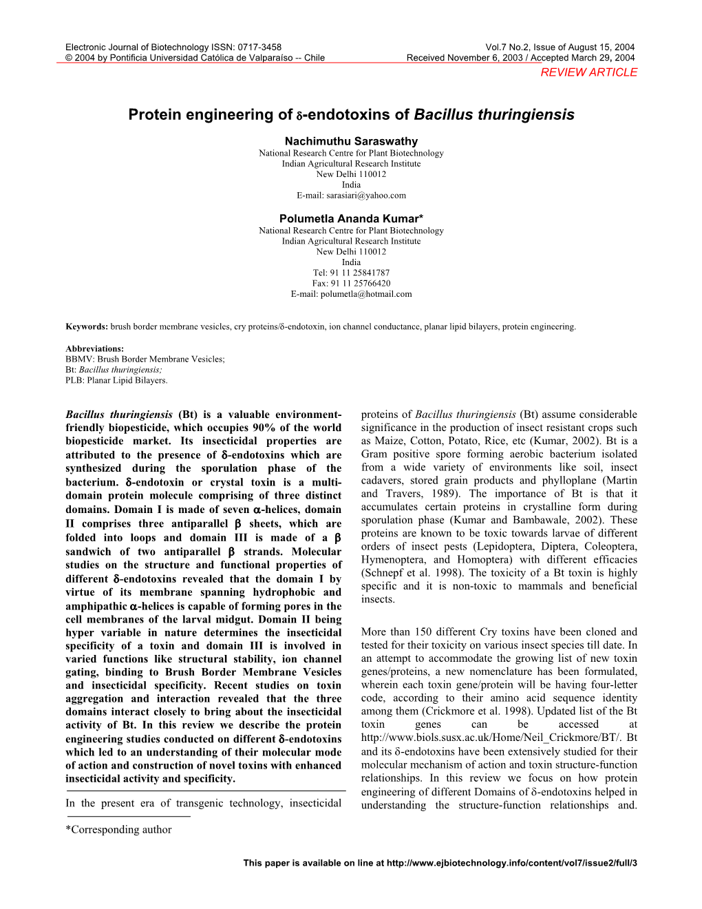 Protein Engineering of Δ-Endotoxins of Bacillus Thuringiensis