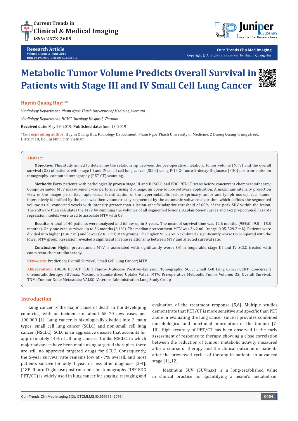 Metabolic Tumor Volume Predicts Overall Survival in Patients with Stage III and IV Small Cell Lung Cancer
