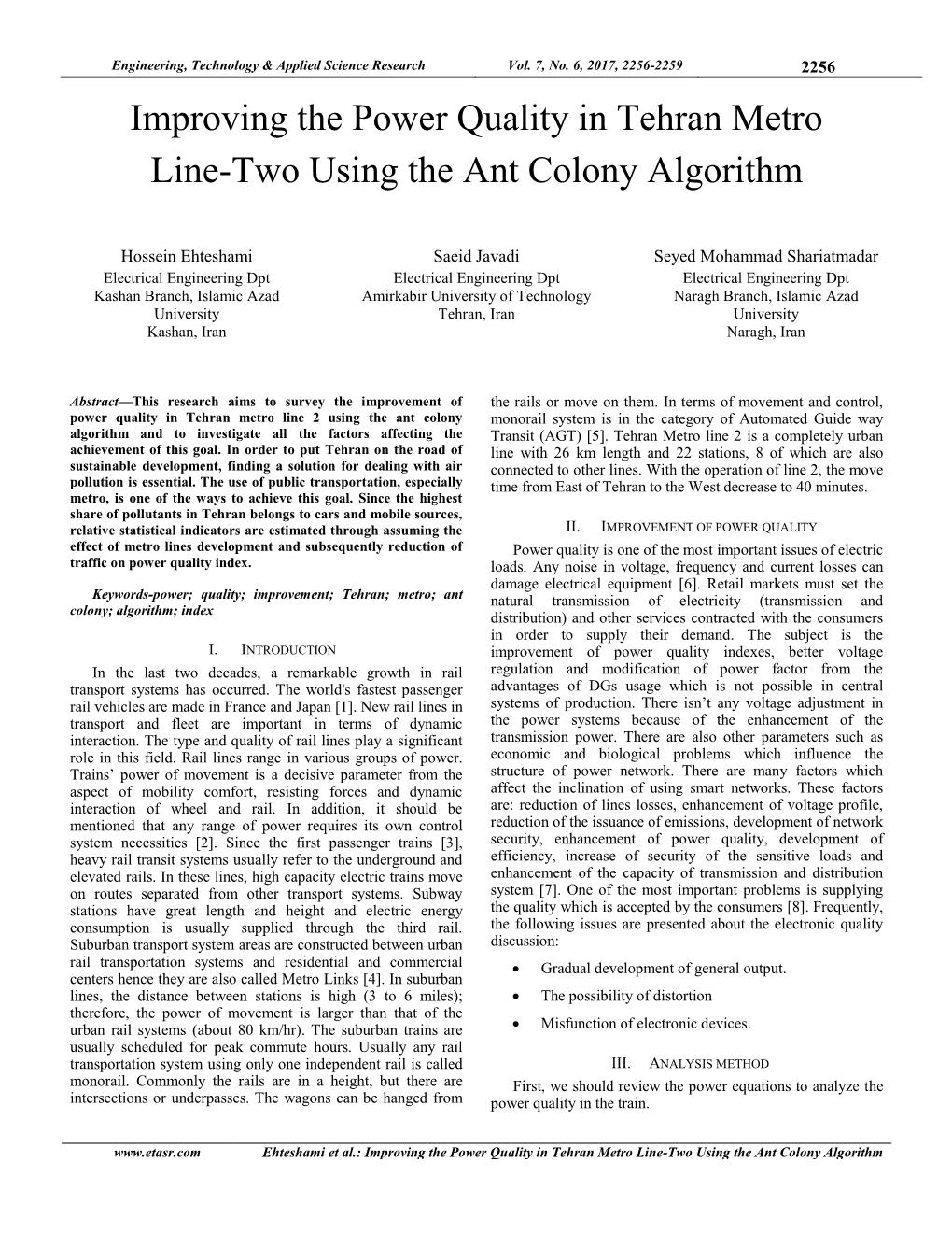 Improving the Power Quality in Tehran Metro Line-Two Using the Ant Colony Algorithm