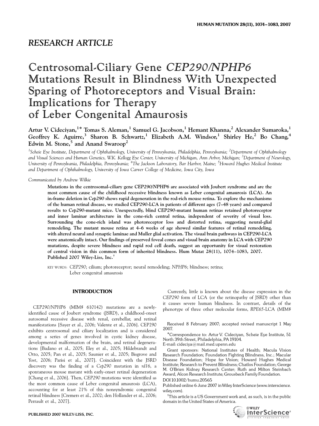 Centrosomal-Ciliary Gene CEP290/NPHP6 Mutations Result