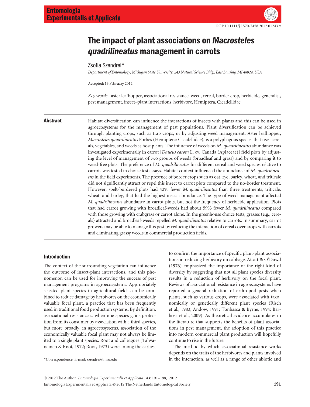 The Impact of Plant Associations on Macrosteles Quadrilineatus Management in Carrots