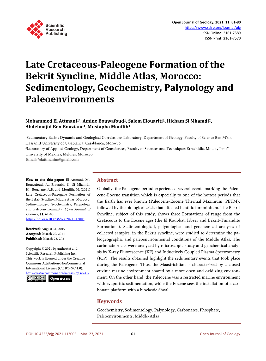 Late Cretaceous-Paleogene Formation of the Bekrit Syncline, Middle Atlas, Morocco: Sedimentology, Geochemistry, Palynology and Paleoenvironments