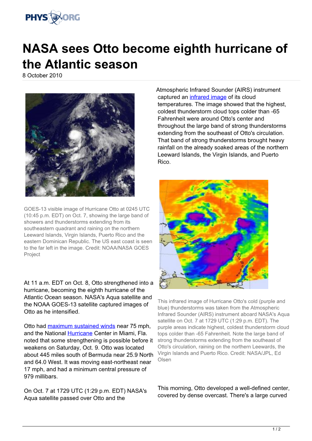 NASA Sees Otto Become Eighth Hurricane of the Atlantic Season 8 October 2010