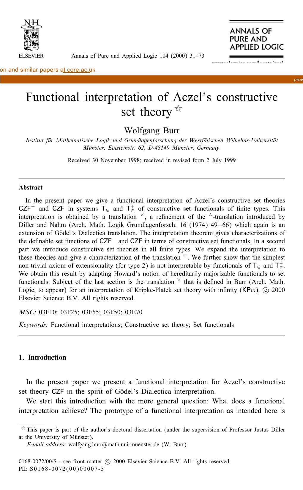 Functional Interpretation of Aczel's Constructive Set Theory