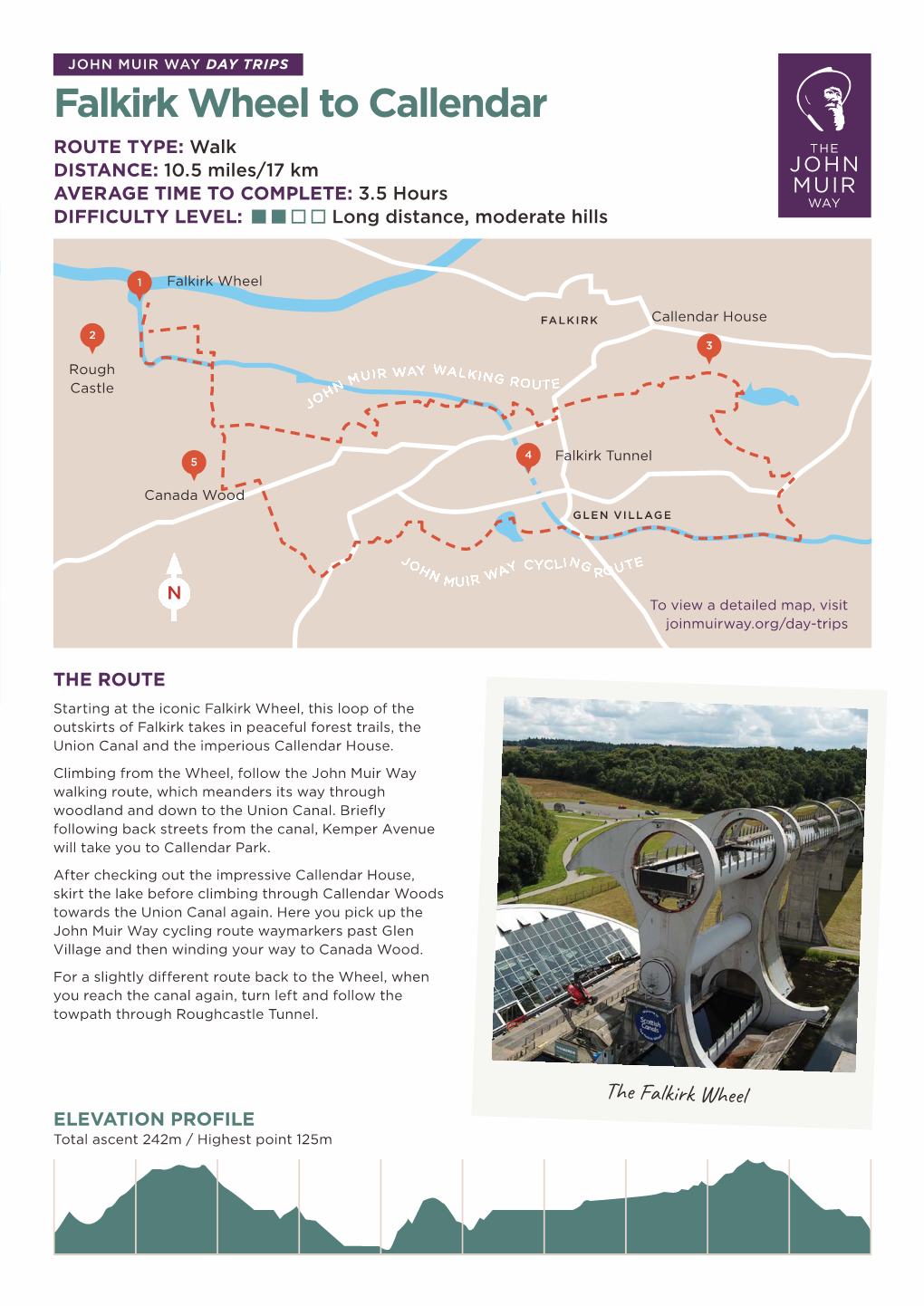 Falkirk Wheel to Callendar ROUTE TYPE: Walk DISTANCE: 10.5 Miles/17 Km AVERAGE TIME to COMPLETE: 3.5 Hours DIFFICULTY LEVEL: Long Distance, Moderate Hills