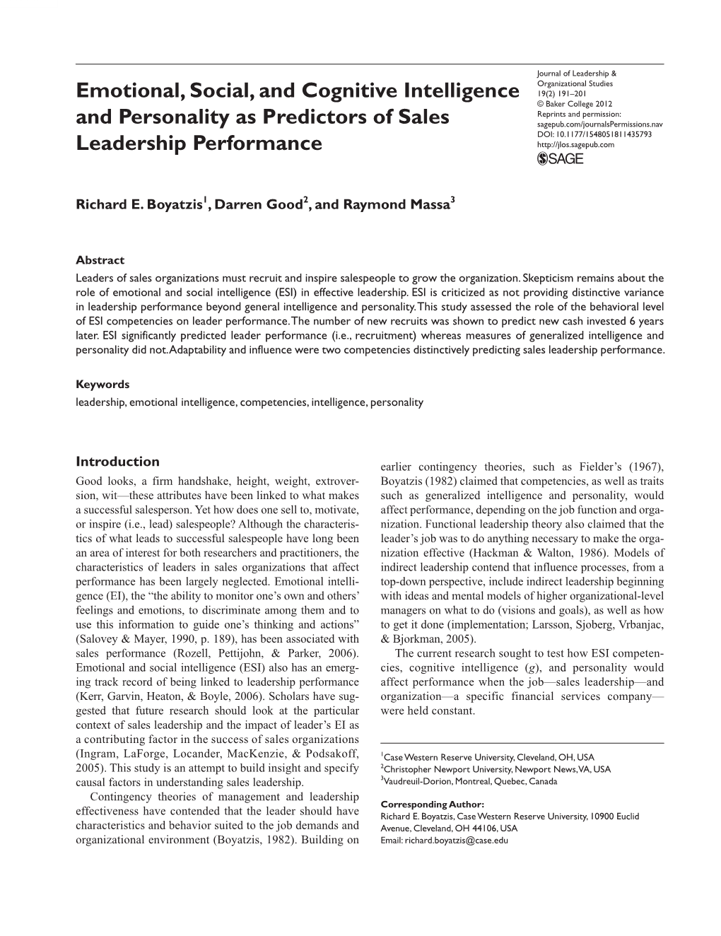 Emotional, Social, and Cognitive Intelligence and Personality As Predictors of Sales Leadership Performance
