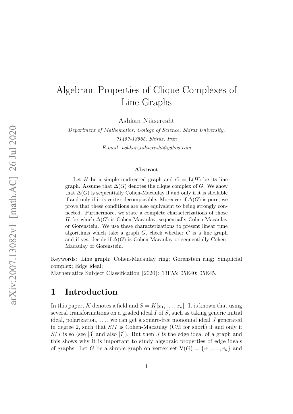 Algebraic Properties of Clique Complexes of Line Graphs Arxiv