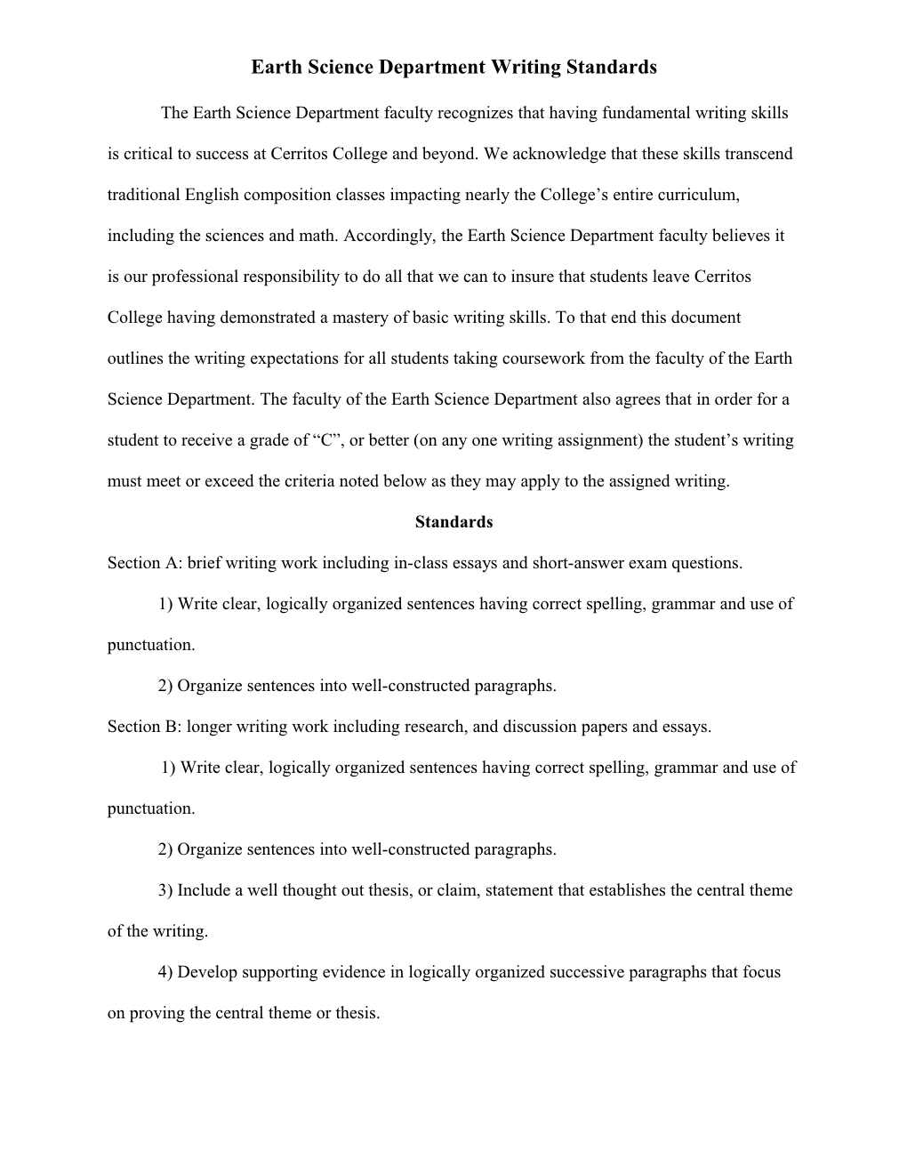 Earth Science Department Writing Standards