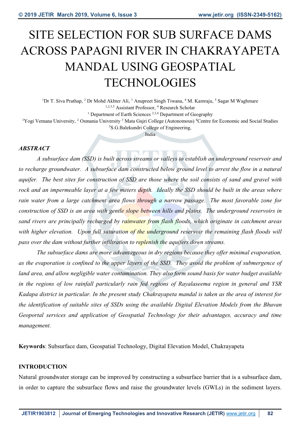 Site Selection for Sub Surface Dams Across Papagni River in Chakrayapeta Mandal Using Geospatial Technologies