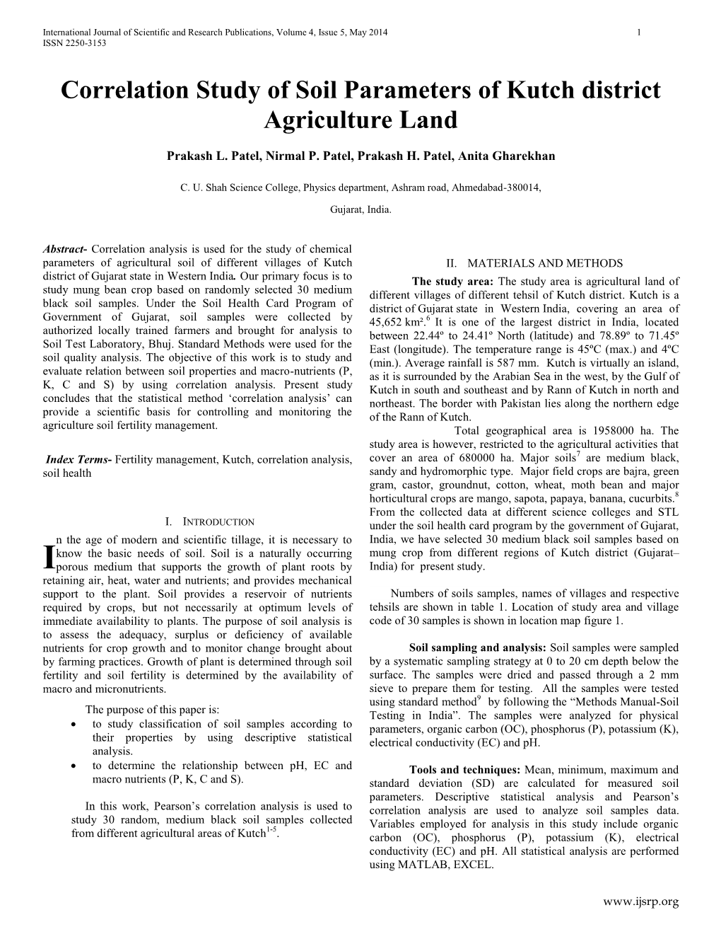 Correlation Study of Soil Parameters of Kutch District Agriculture Land