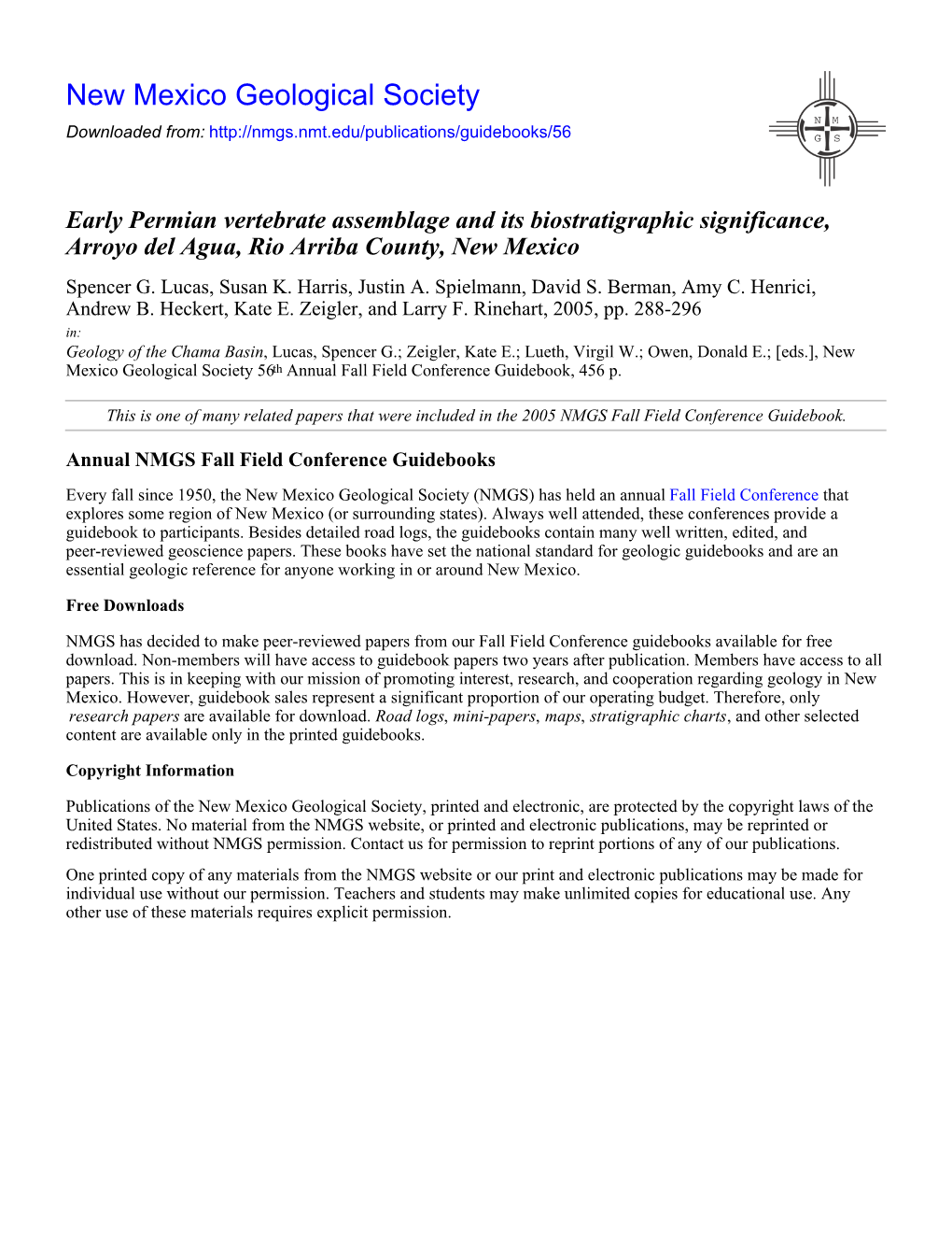 Early Permian Vertebrate Assemblage and Its Biostratigraphic Significance, Arroyo Del Agua, Rio Arriba County, New Mexico Spencer G