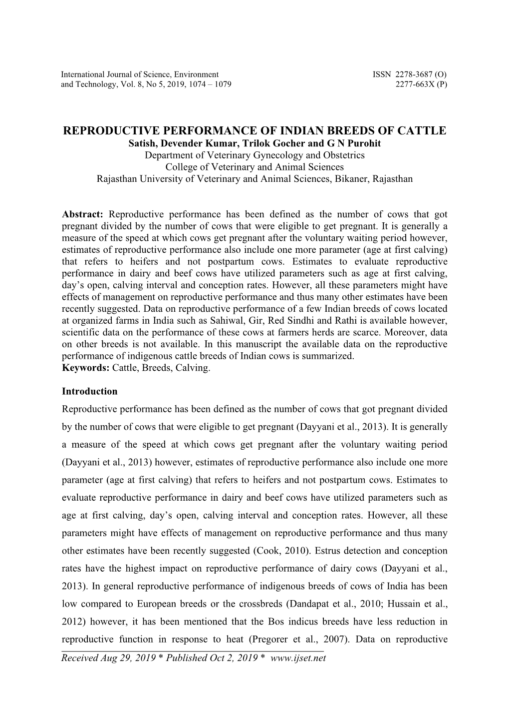 Reproductive Performance of Indian Breeds of Cattle