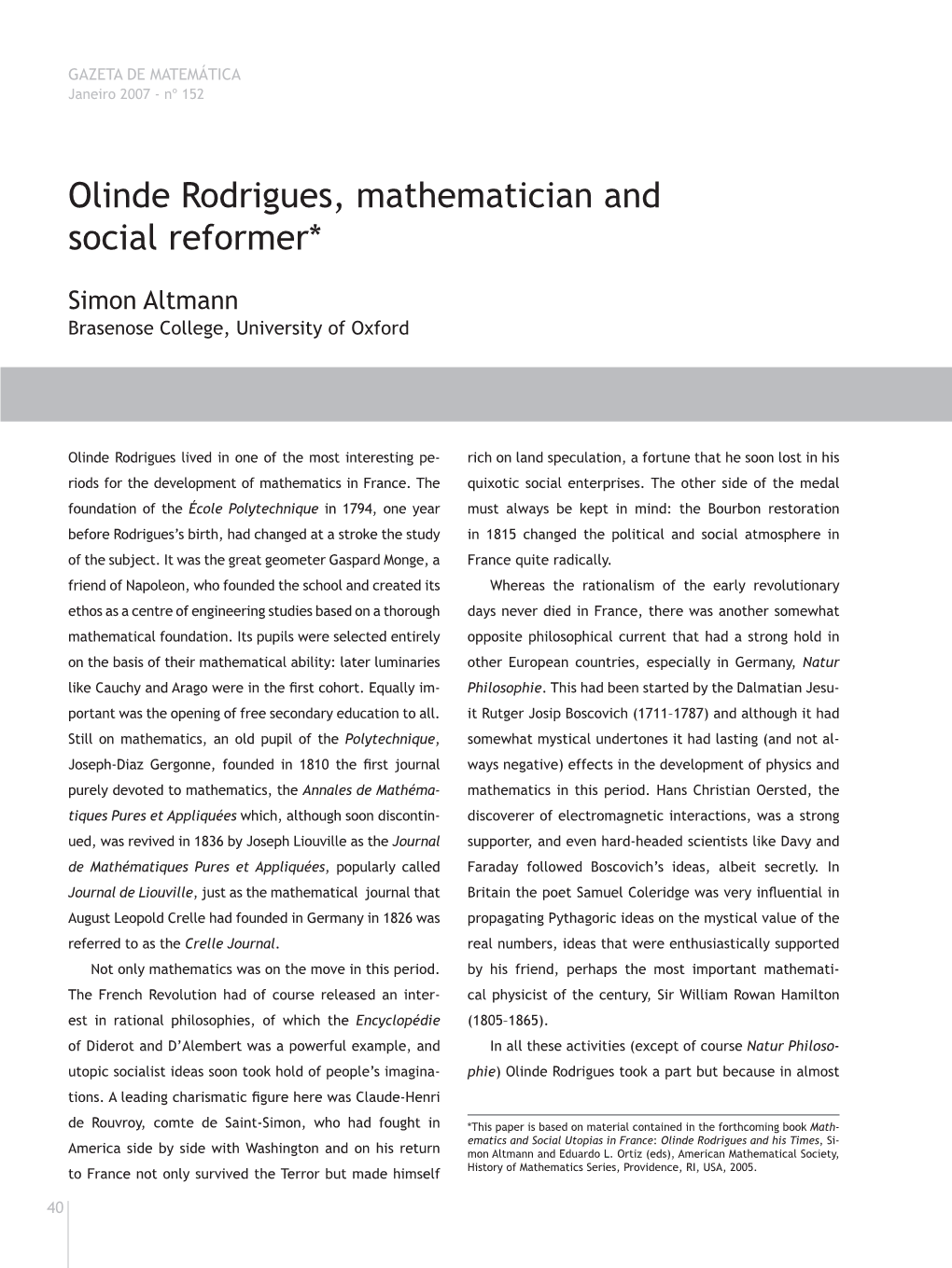 Olinde Rodrigues, Mathematician and Social Reformer*