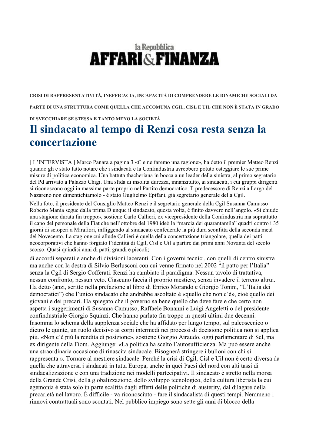 Il Sindacato Al Tempo Di Renzi Cosa Resta Senza La Concertazione