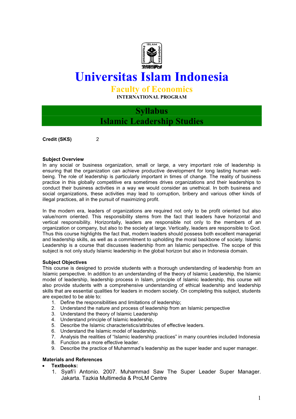 Universitas Islam Indonesia Faculty of Economics INTERNATIONAL PROGRAM