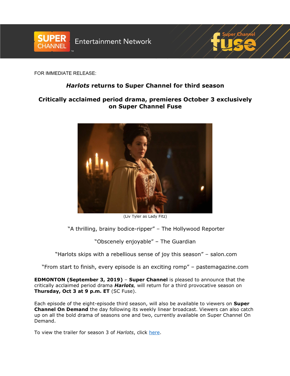 Harlots Returns to Super Channel for Third Season Critically Acclaimed Period Drama, Premieres October 3 Exclusively on Super Ch
