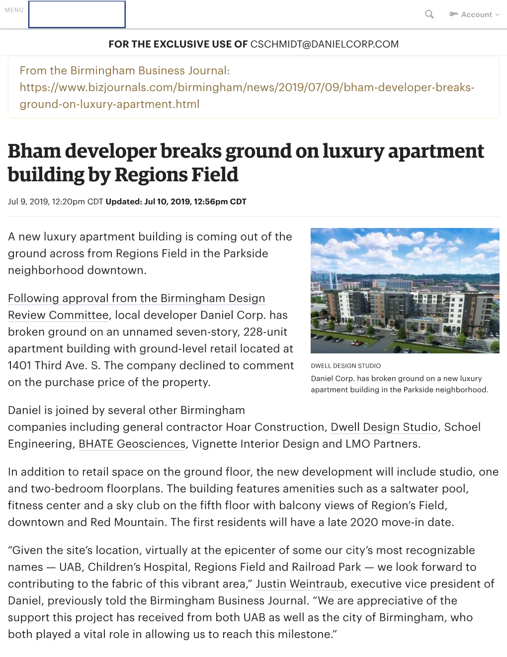 Bham Developer Breaks Ground on Luxury Apartment Building by Regions Field