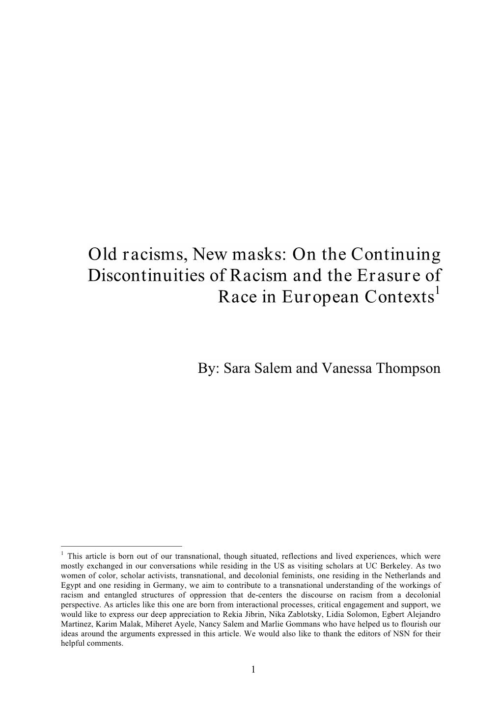 On the Continuing Discontinuities of Racism and the Erasure of Race in European Contexts1