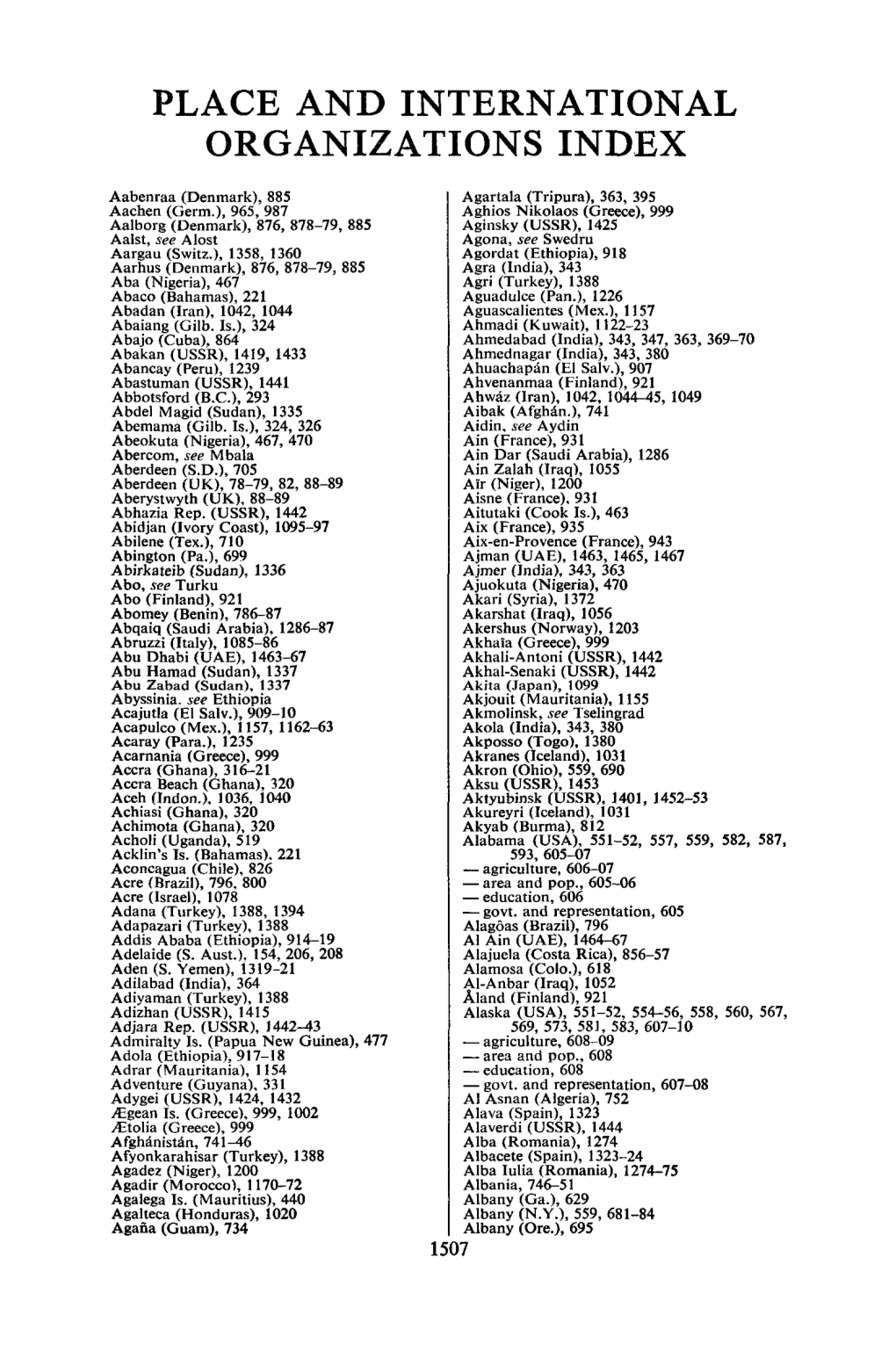 Place and International Organizations Index