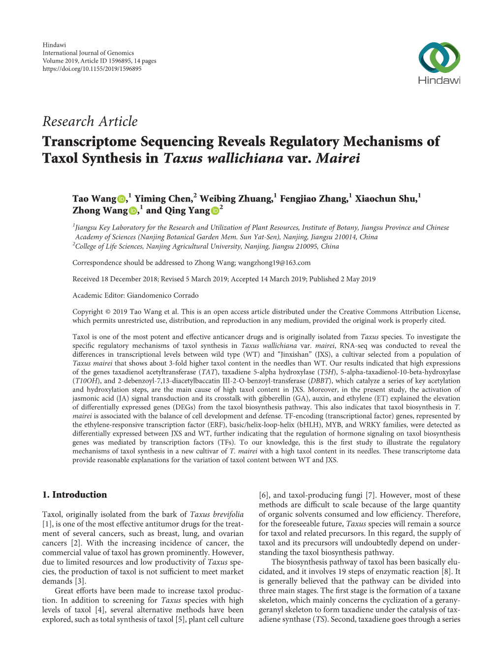 Research Article Transcriptome Sequencing Reveals Regulatory Mechanisms of Taxol Synthesis in Taxus Wallichiana Var