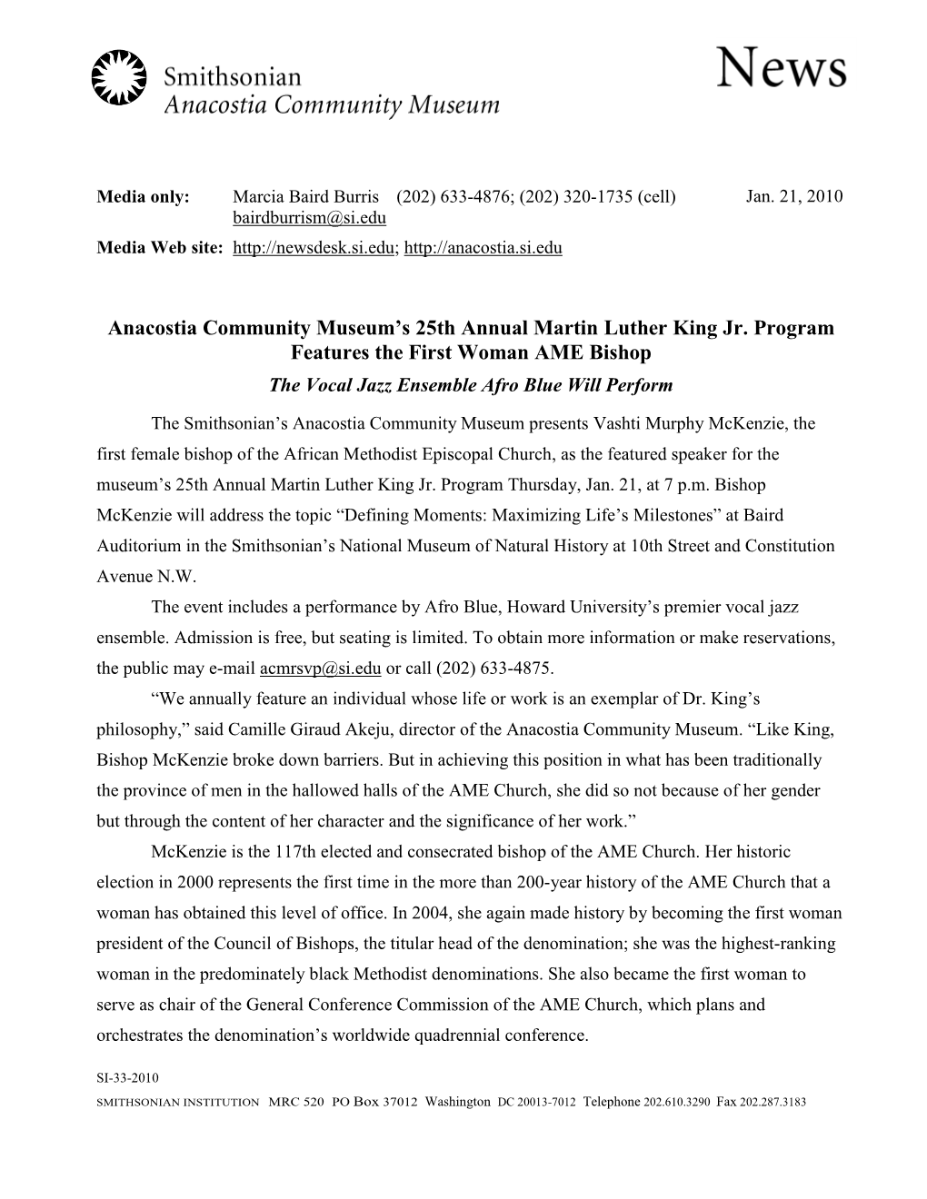 Media Release 25Th MLK Program Featuring AME Bishop Vashti