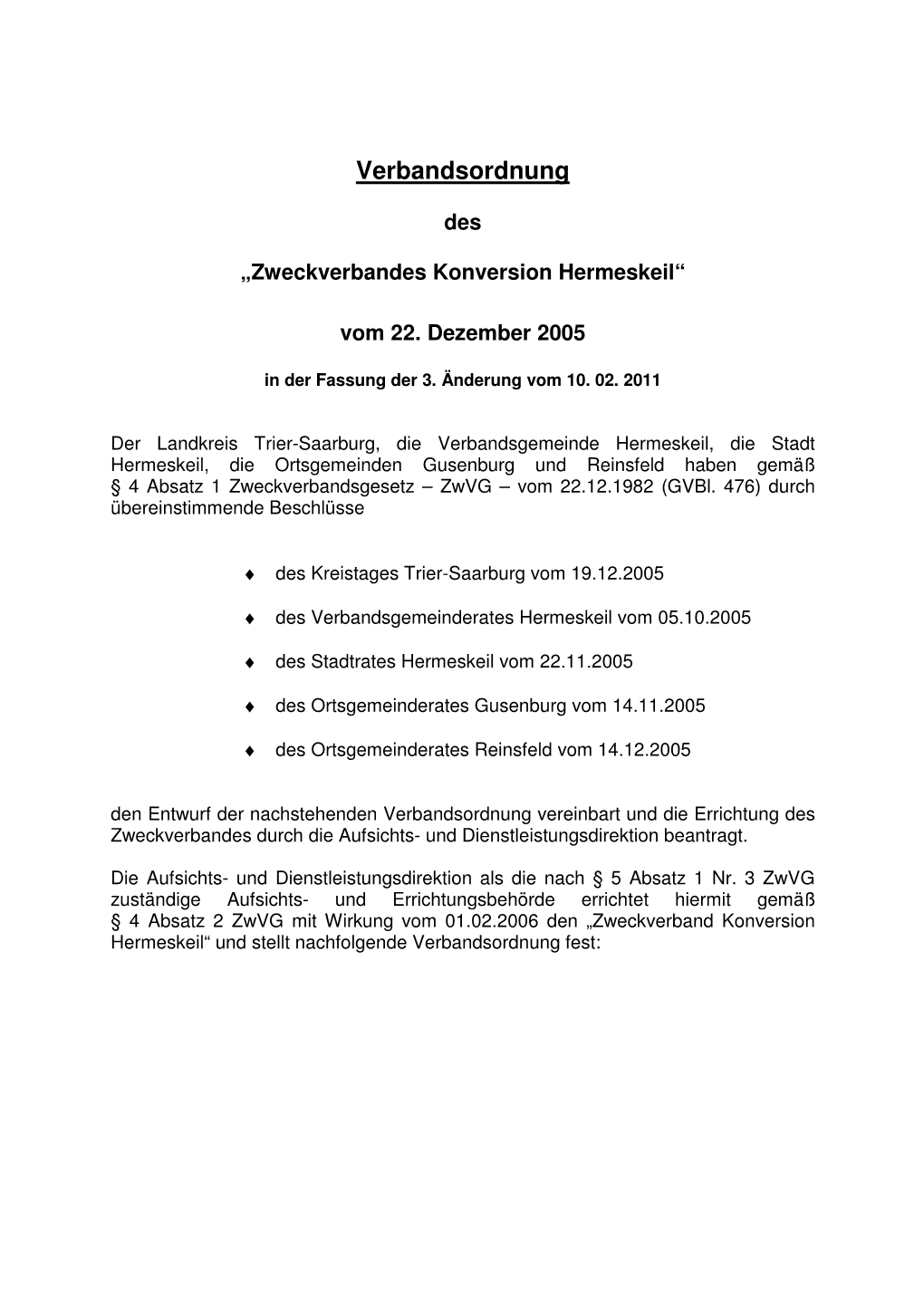 Verbandsordnung Zweckverband Konversion Hermeskeil