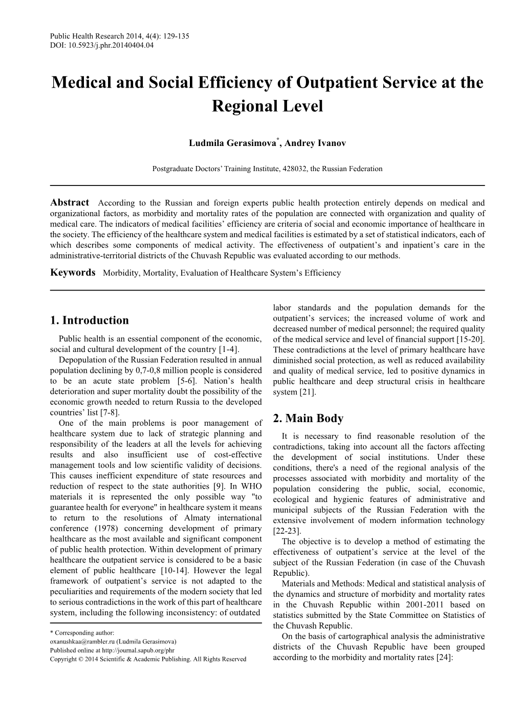 Morbidity, Mortality, Evaluation of Healthcare System's Efficiency