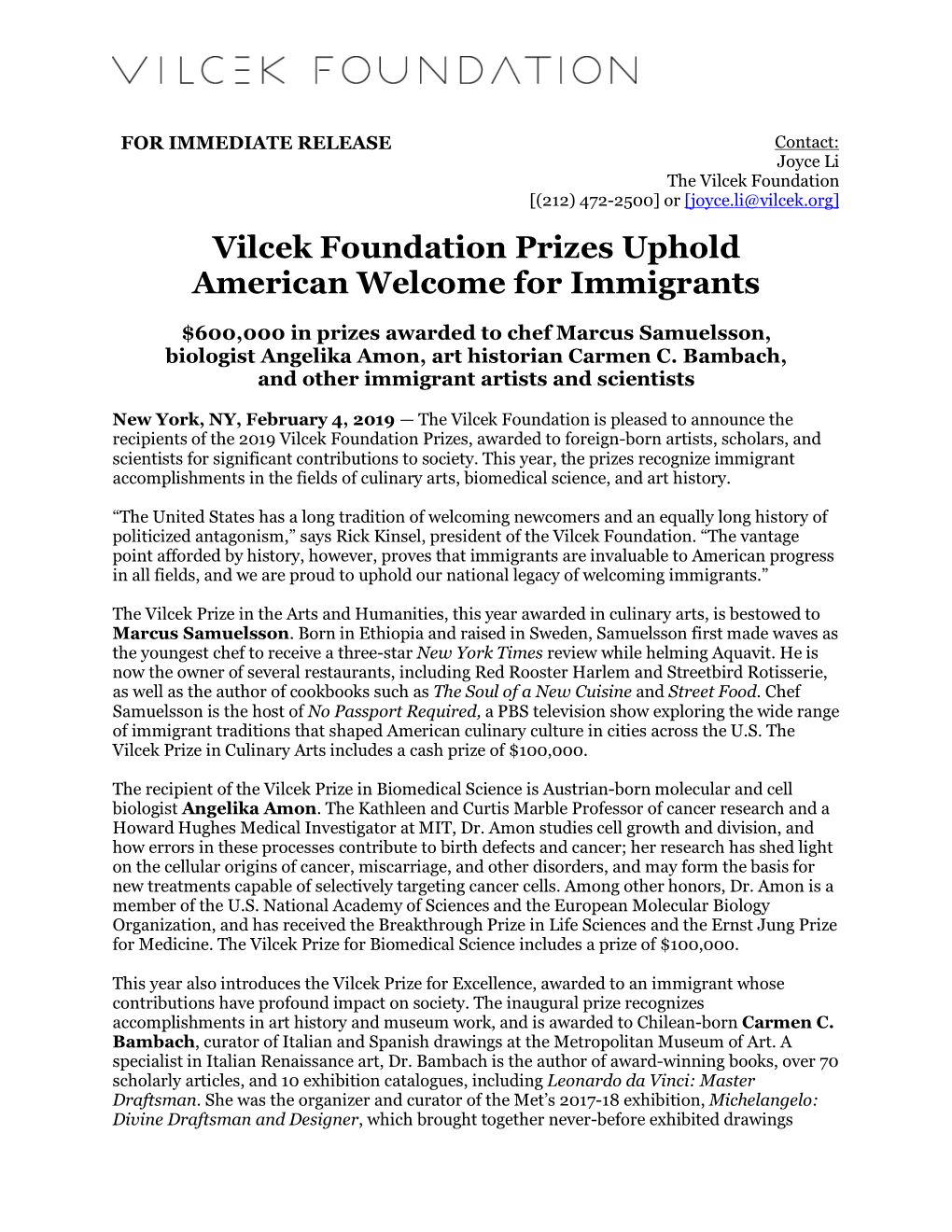 Vilcek Foundation Prizes Uphold American Welcome for Immigrants