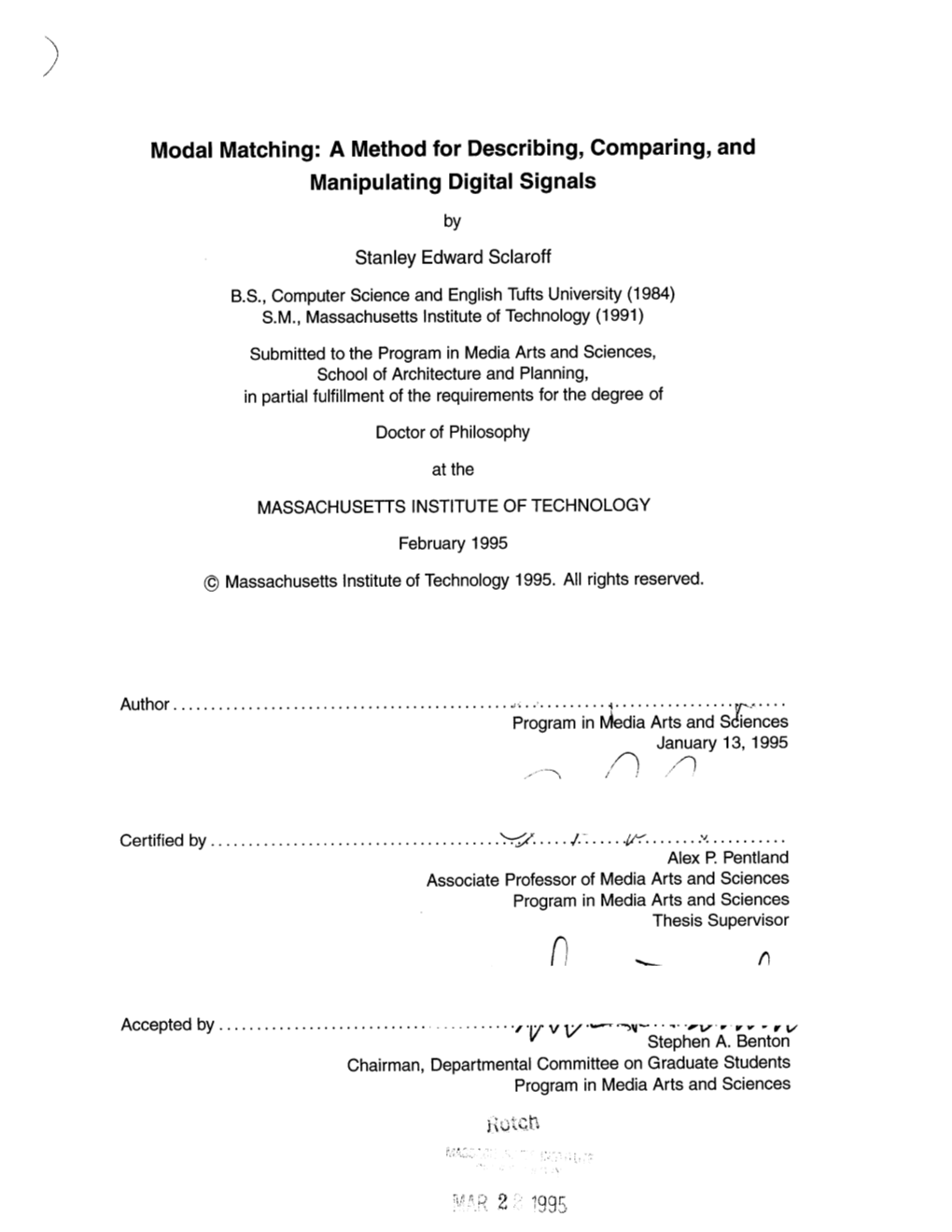 Modal Matching: a Method for Describing, Comparing, and Manipulating Digital Signals by Stanley Edward Sclaroff