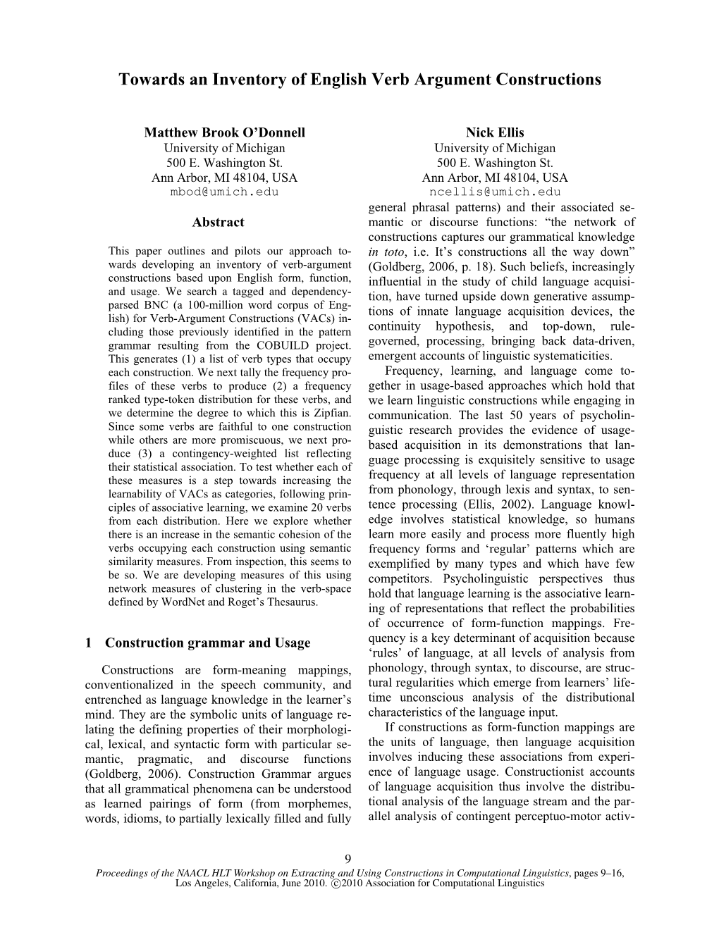 Towards an Inventory of English Verb Argument Constructions