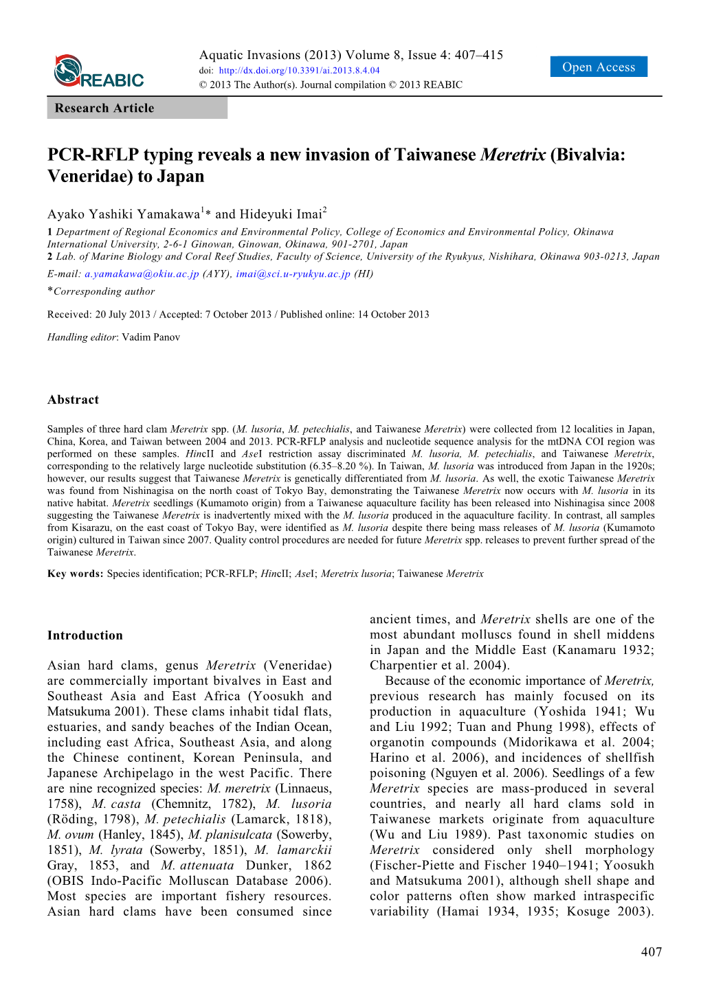 PCR-RFLP Typing Reveals a New Invasion of Taiwanese Meretrix (Bivalvia: Veneridae) to Japan