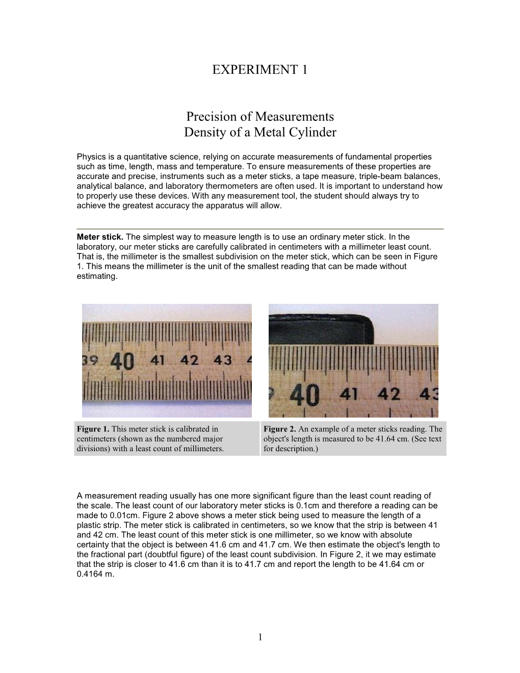 EXPERIMENT 1 Precision of Measurements Density of a Metal