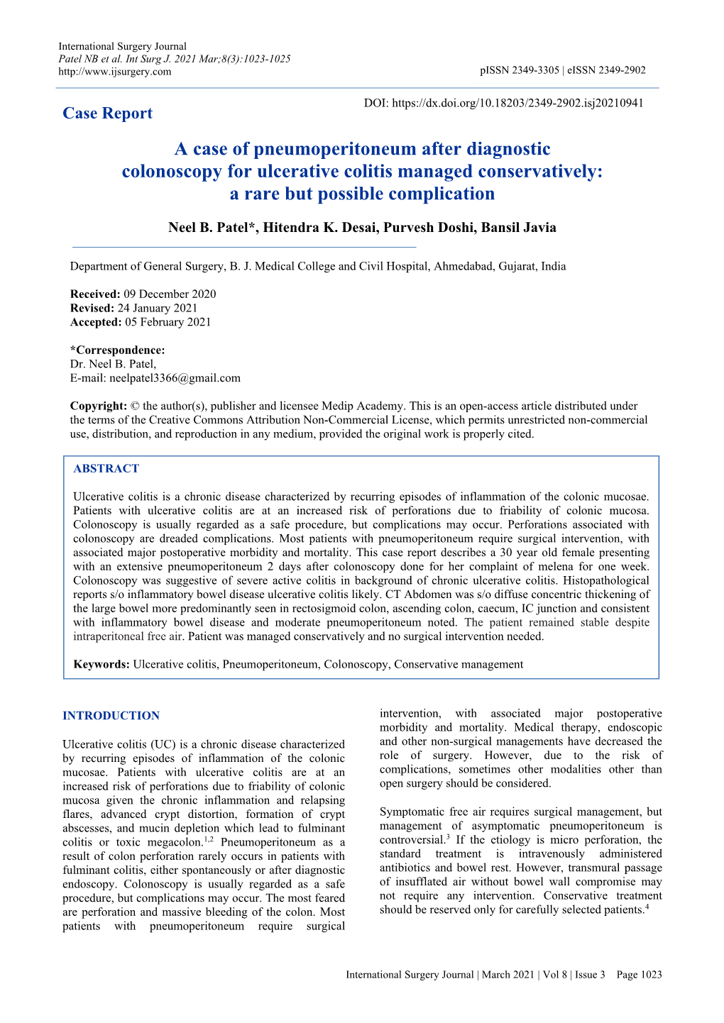 A Case of Pneumoperitoneum After Diagnostic Colonoscopy for Ulcerative Colitis Managed Conservatively: a Rare but Possible Complication