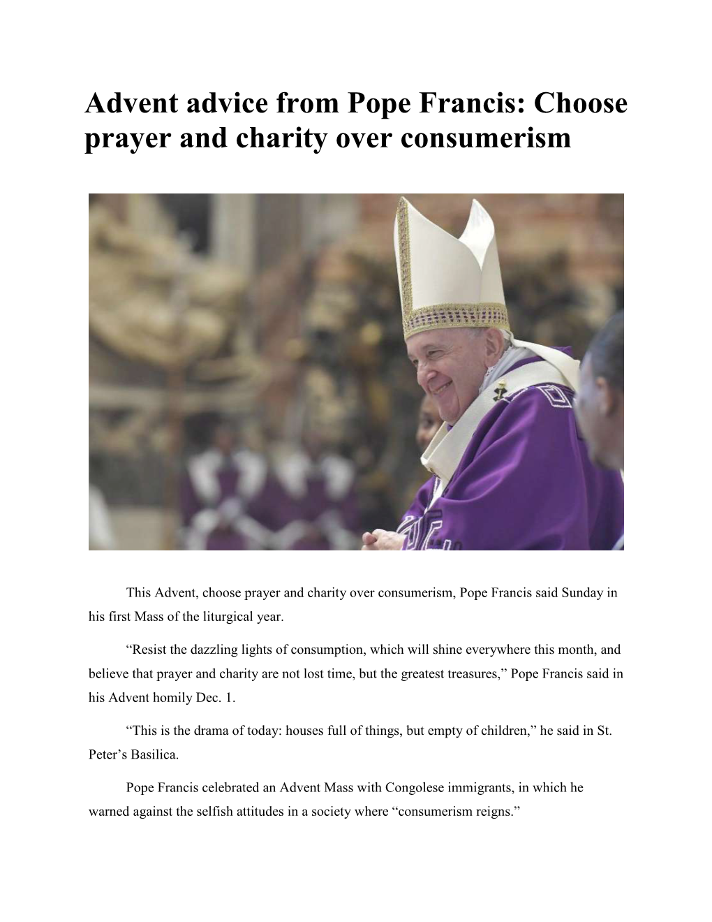 Advent Advice from Pope Francis: Choose Prayer and Charity Over Consumerism