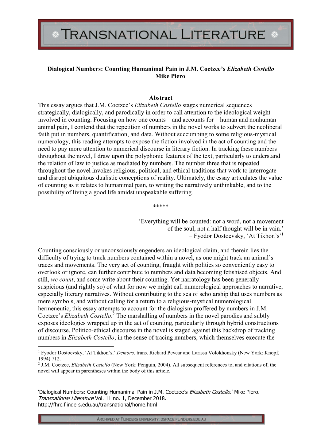 Dialogical Numbers: Counting Humanimal Pain in J.M