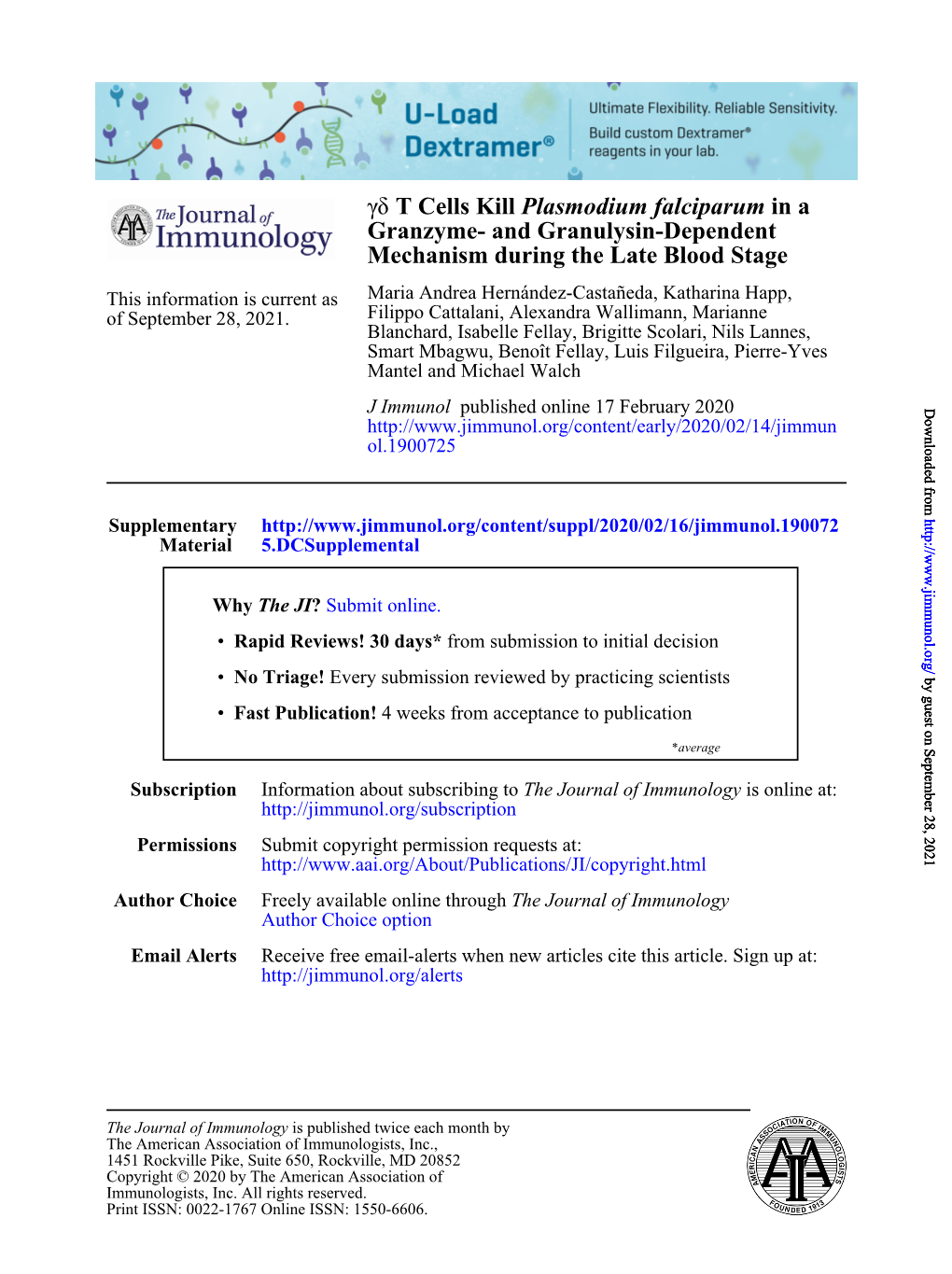 Γδ T Cells Kill Plasmodium Falciparum in a Granzyme