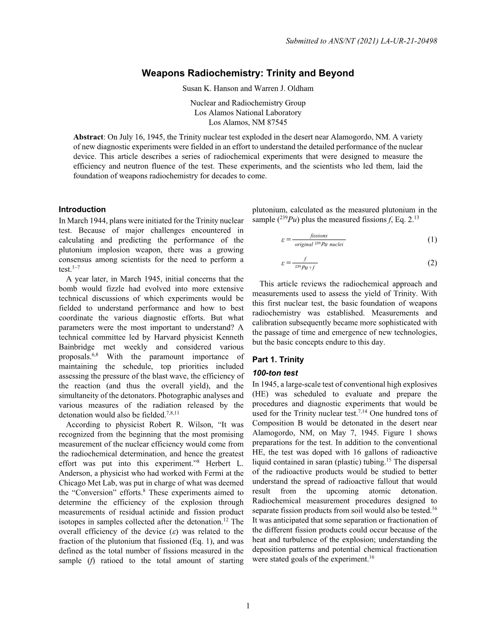 Weapons Radiochemistry: Trinity and Beyond Susan K