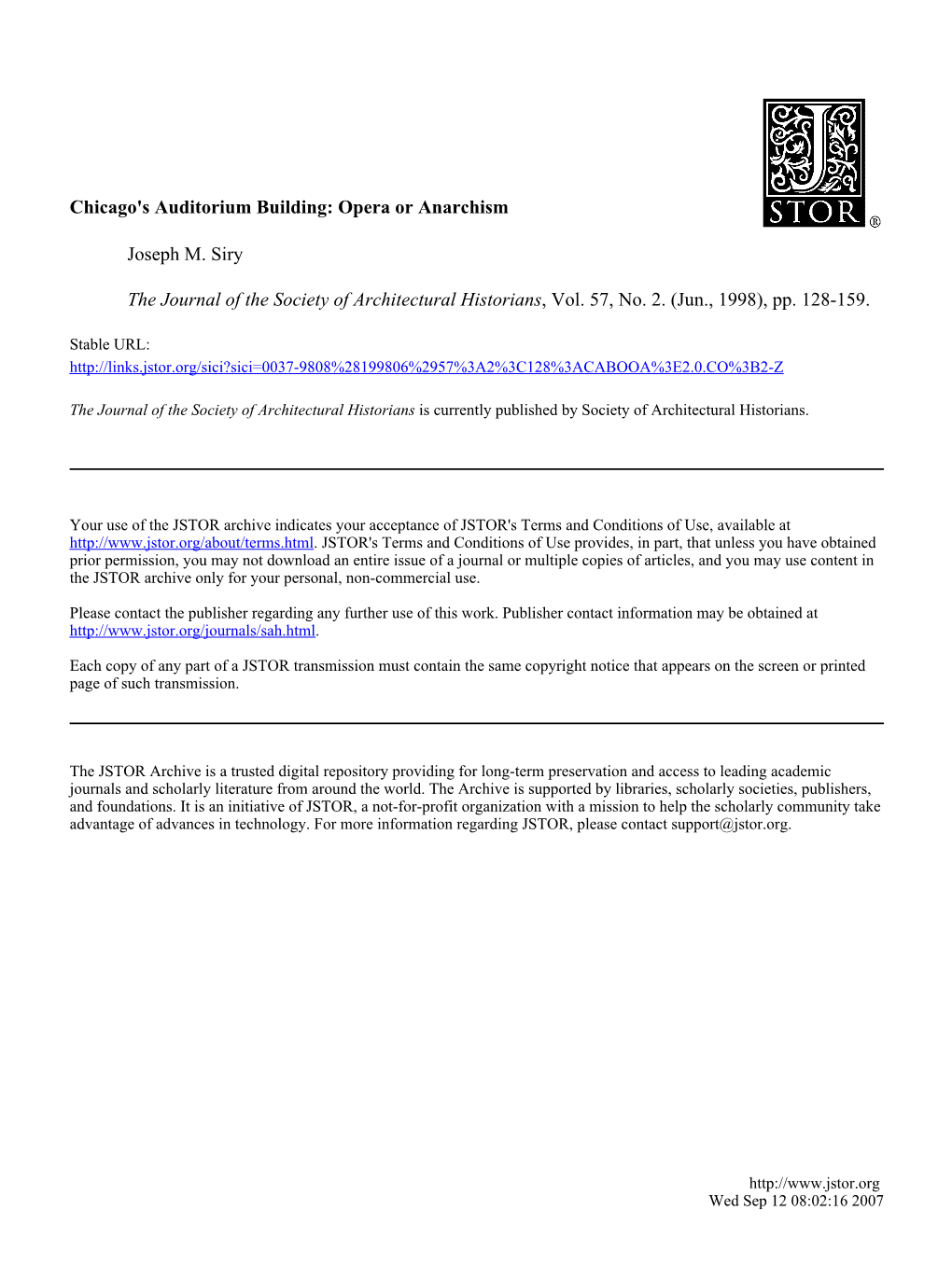 Chicago's Auditorium Building: Opera Or Anarchism Joseph M. Siry the Journal of the Society of Architectural Historians, Vol. 57