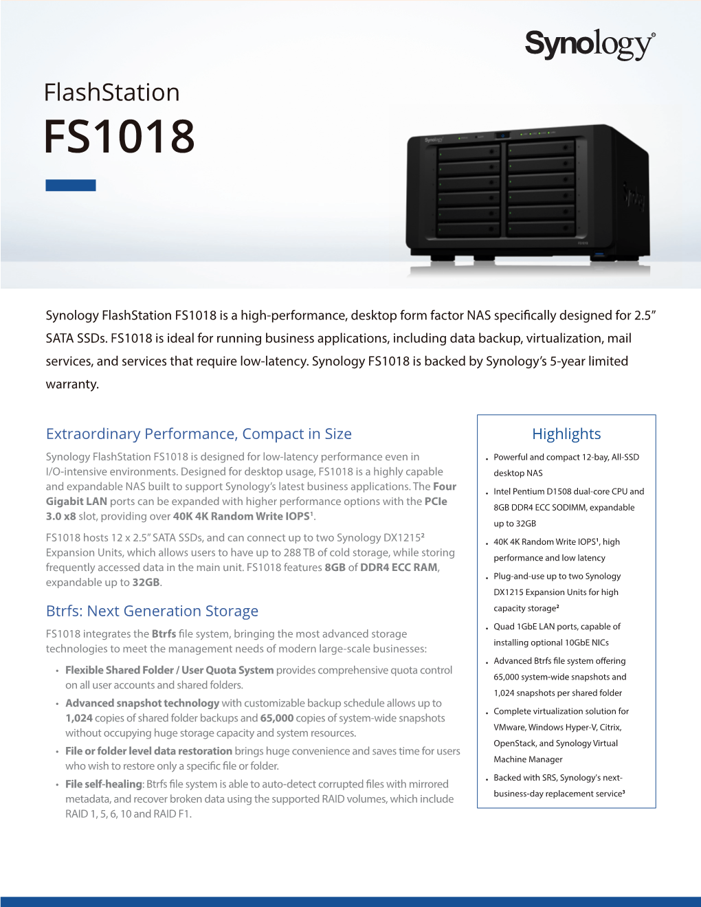 Synology Flashstation FS1018 Datasheet