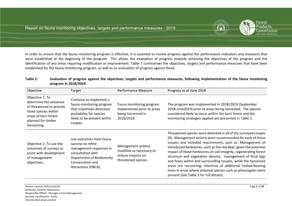 Report on Fauna Monitoring Objectives, Targets and Performance Measures - 2019