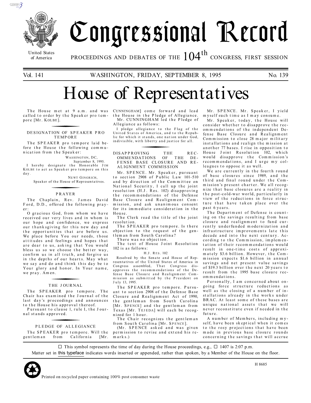 Congressional Record United States Th of America PROCEEDINGS and DEBATES of the 104 CONGRESS, FIRST SESSION