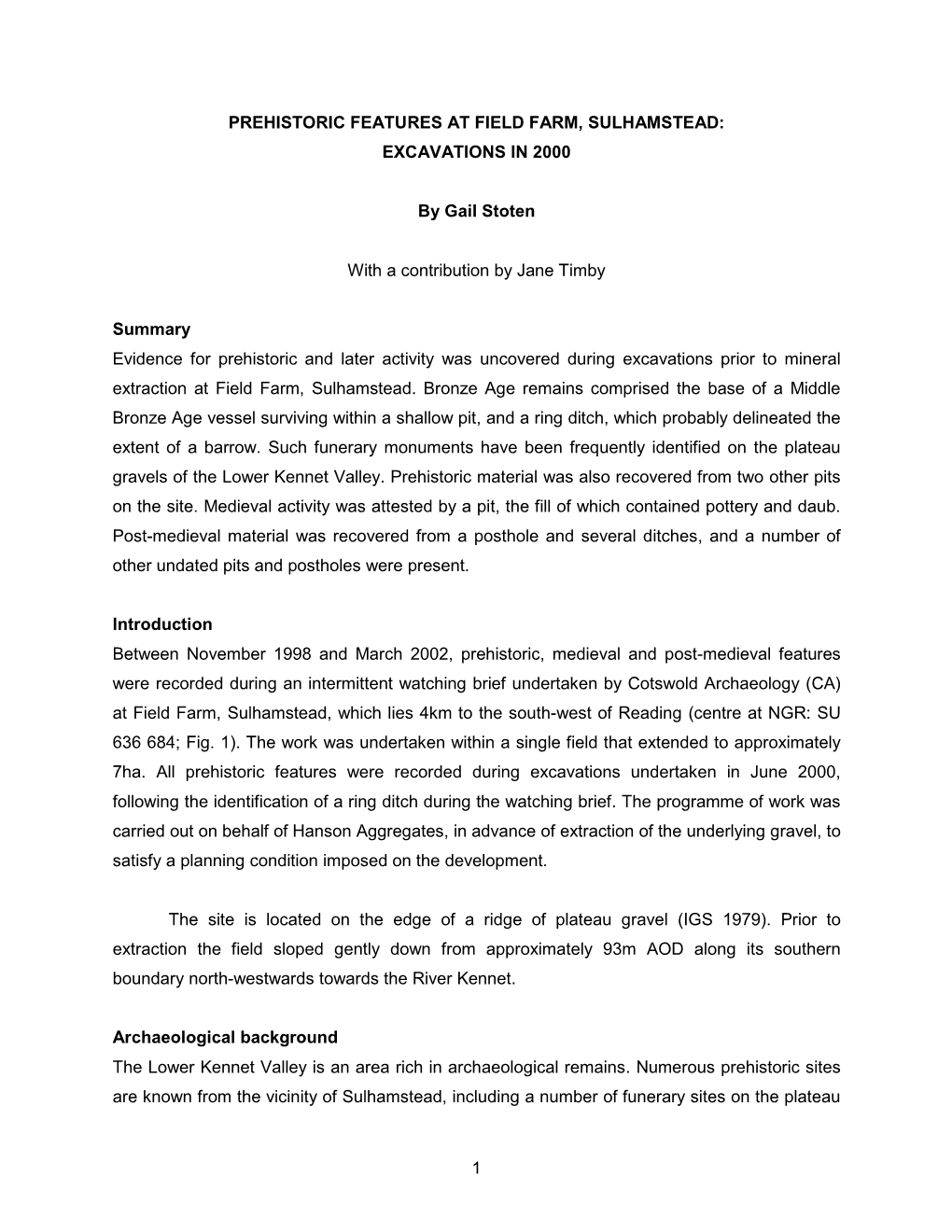 1 Prehistoric Features at Field Farm, Sulhamstead