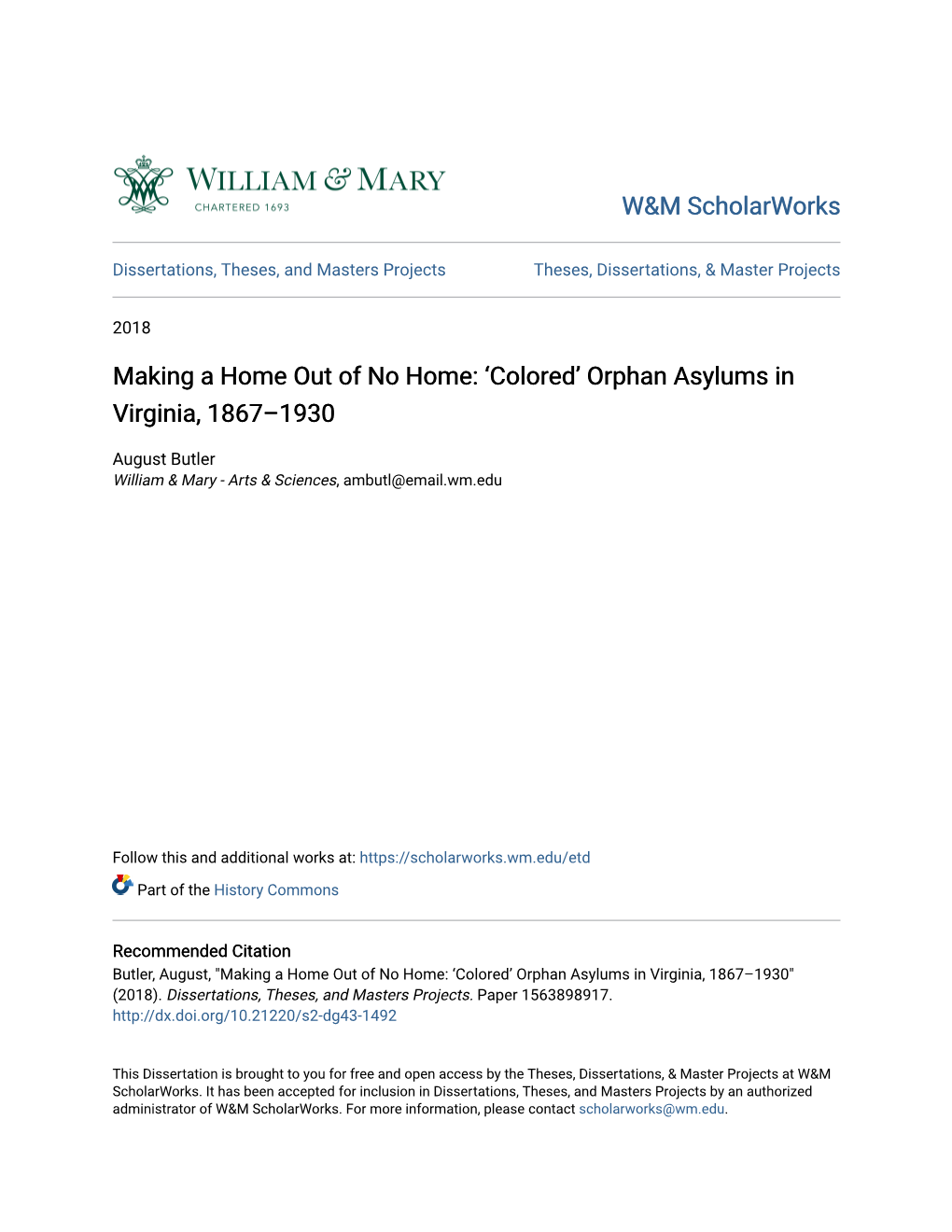 'Colored' Orphan Asylums in Virginia, 1867–1930