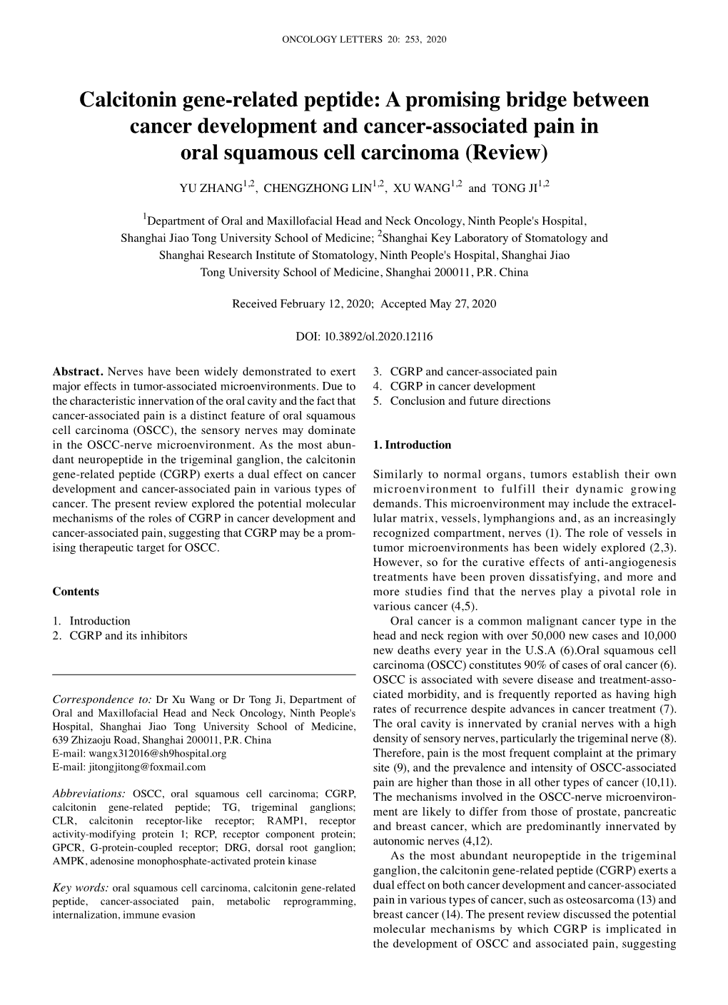 Calcitonin Gene‑Related Peptide: a Promising Bridge Between Cancer Development and Cancer‑Associated Pain in Oral Squamous Cell Carcinoma (Review)