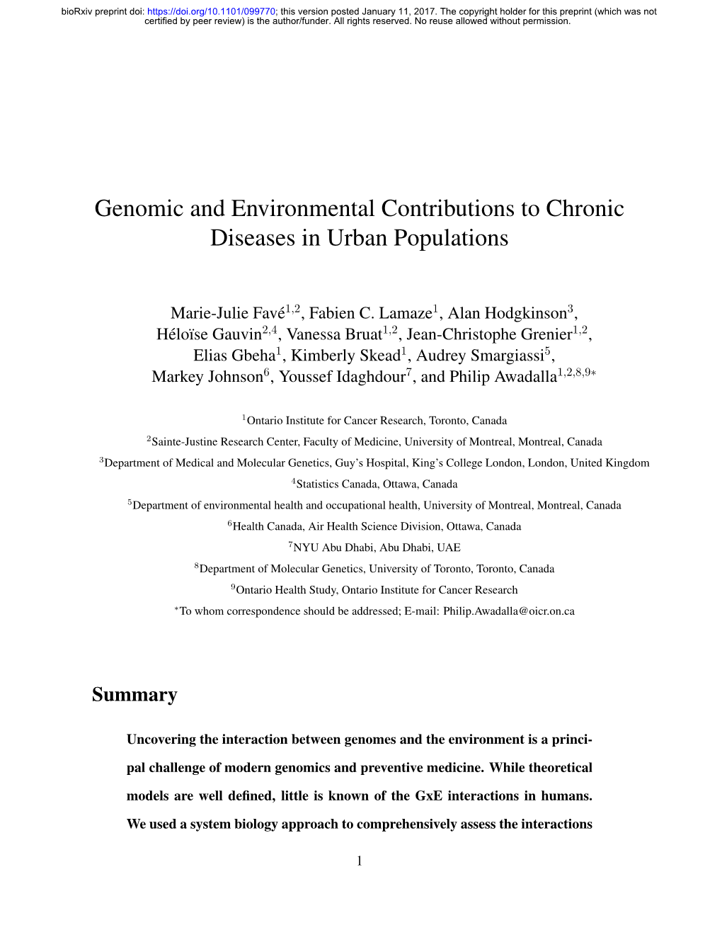 Genomic and Environmental Contributions to Chronic Diseases in Urban Populations