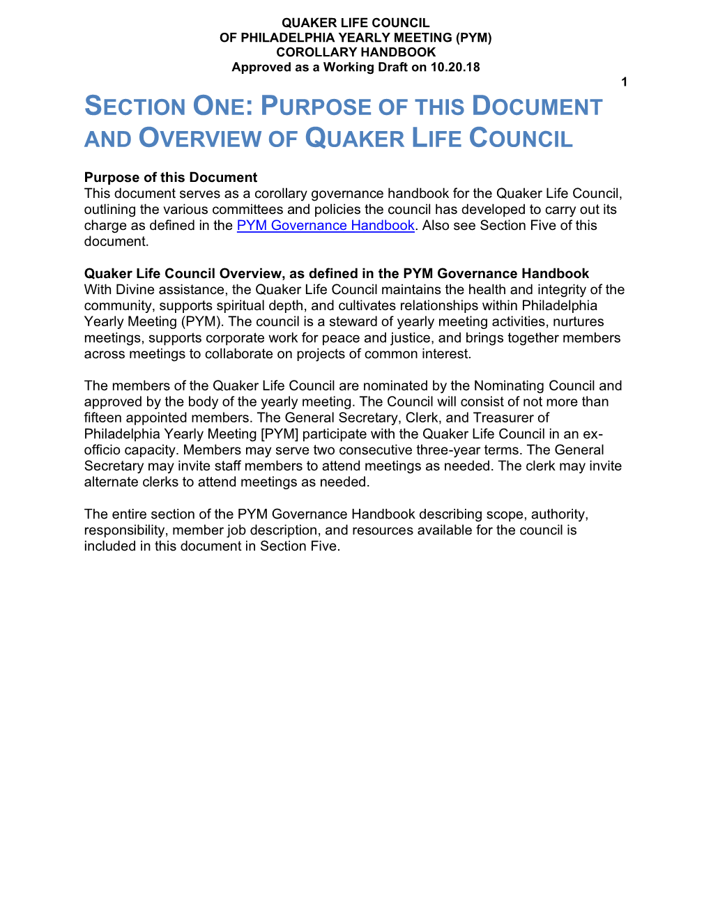 Section One: Purpose of This Document and Overview of Quaker Life Council
