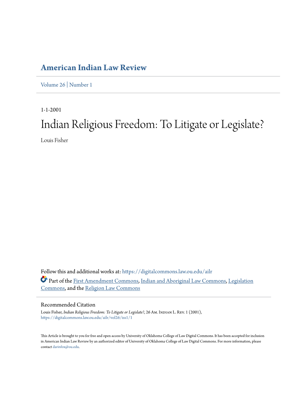 Indian Religious Freedom: to Litigate Or Legislate? Louis Fisher