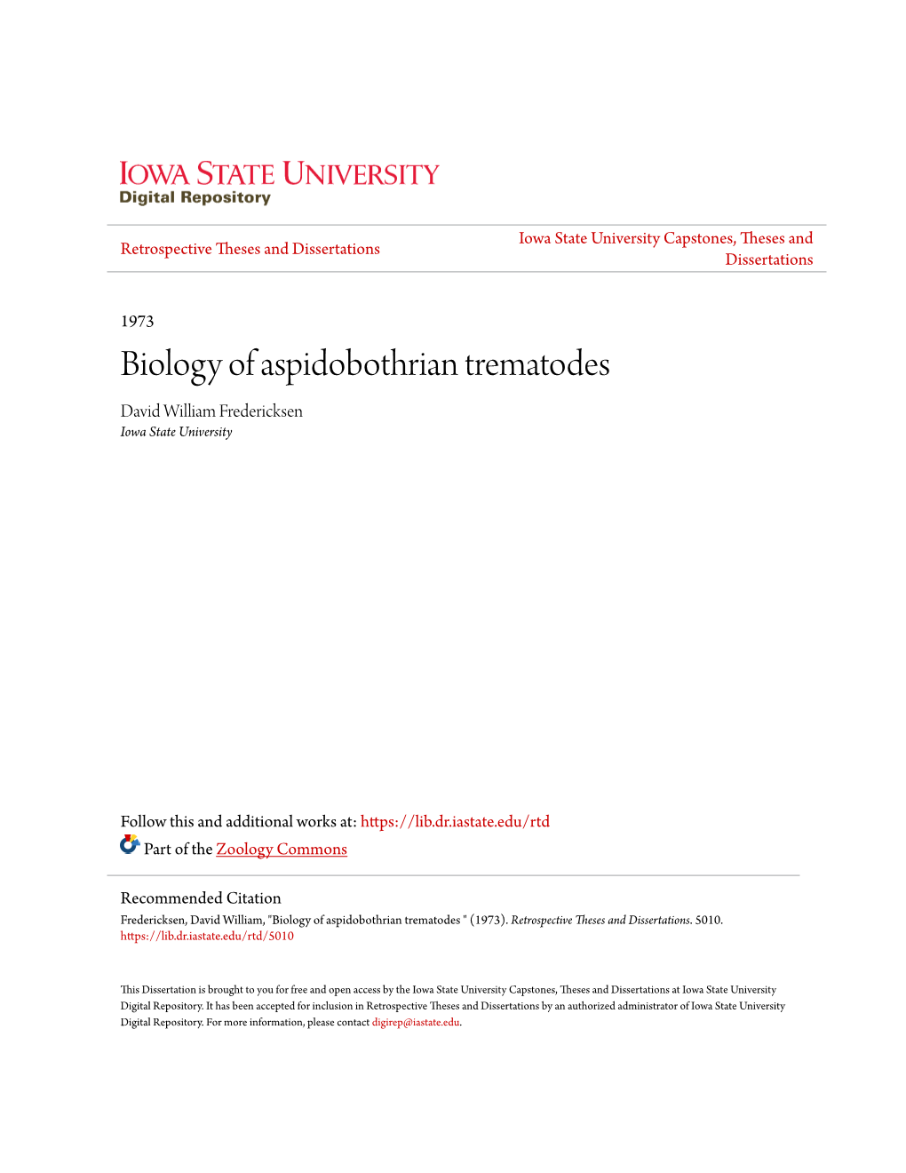 Biology of Aspidobothrian Trematodes David William Fredericksen Iowa State University