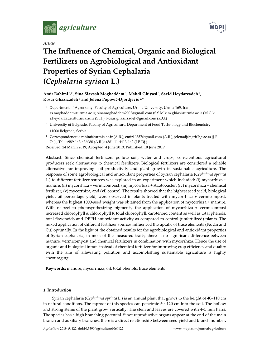 The Influence of Chemical, Organic and Biological Fertilizers on Agrobiological and Antioxidant Properties of Syrian Cephalaria (Cephalaria Syriaca L.)