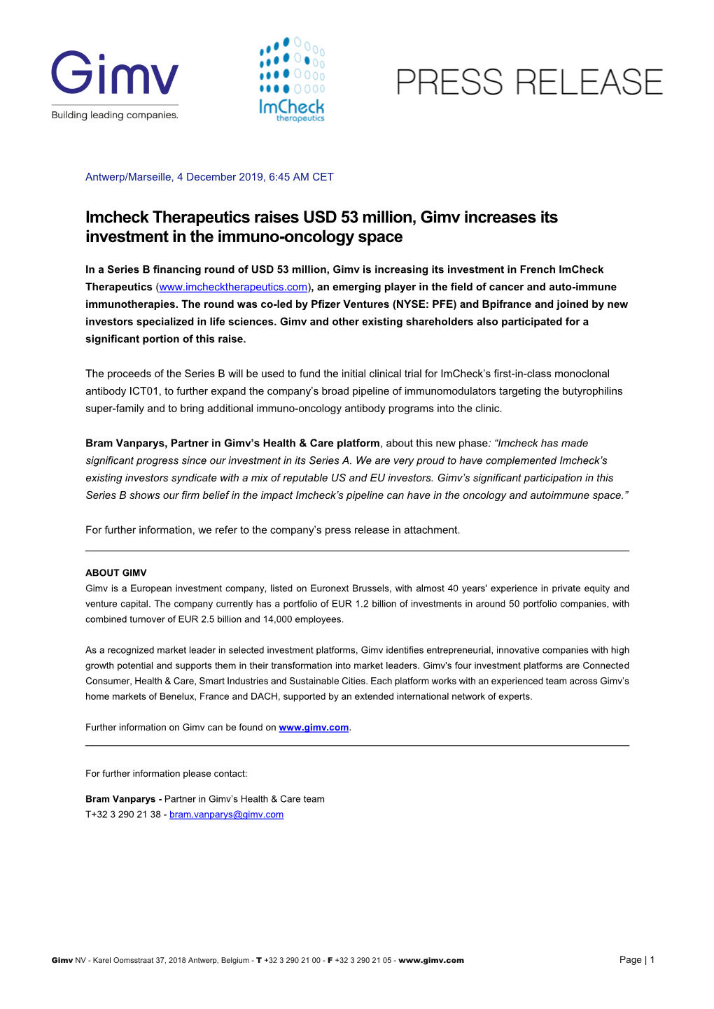 Imcheck Therapeutics Raises USD 53 Million, Gimv Increases Its Investment in the Immuno-Oncology Space